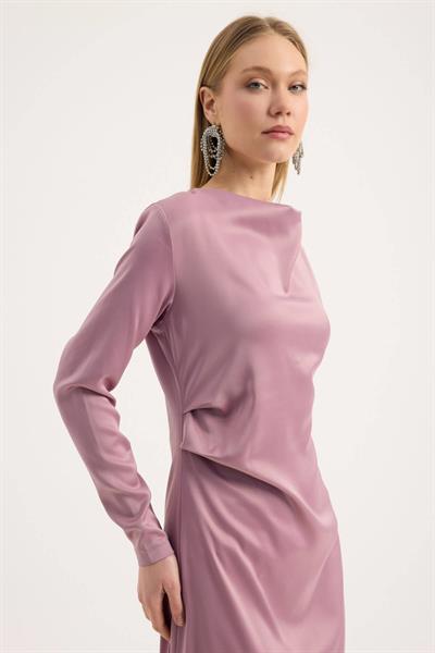 Gül Kurusu Saten Drape Elbise