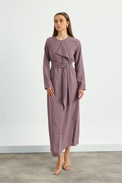 Gül Kurusu Yaka Detaylı Kuşaklı Elbise