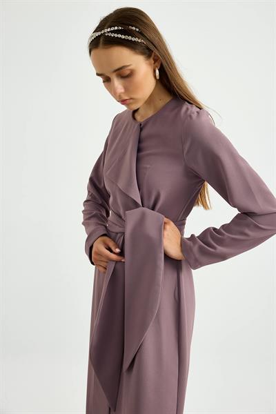 Gül Kurusu Yaka Detaylı Kuşaklı Elbise