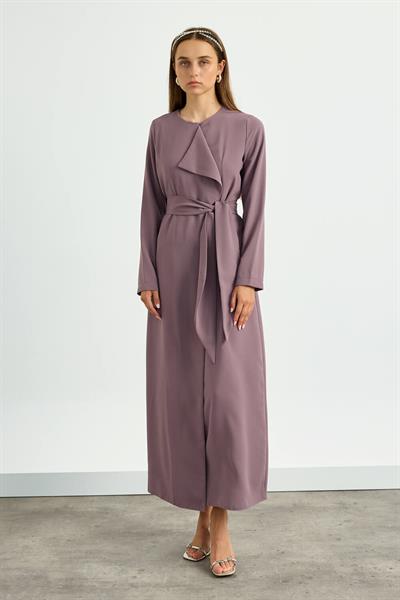 Gül Kurusu Yaka Detaylı Kuşaklı Elbise