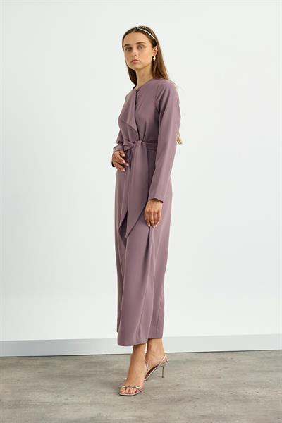 Gül Kurusu Yaka Detaylı Kuşaklı Elbise