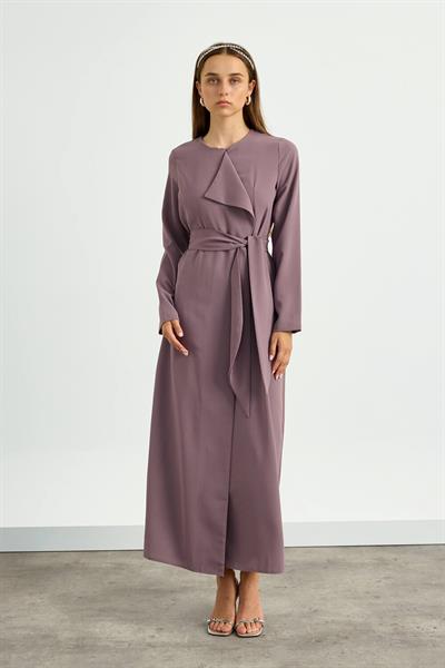 Gül Kurusu Yaka Detaylı Kuşaklı Elbise