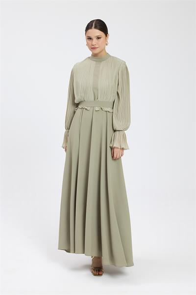 Haki Bedeni Piliseli Krep Şifon Elbise