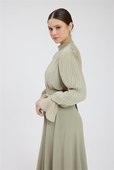 Haki Bedeni Piliseli Krep Şifon Elbise
