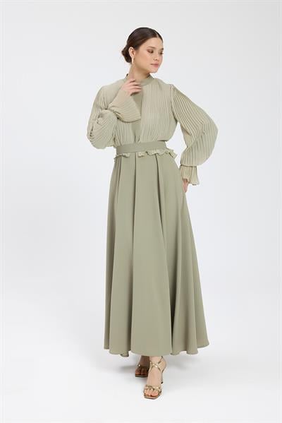 Haki Bedeni Piliseli Krep Şifon Elbise