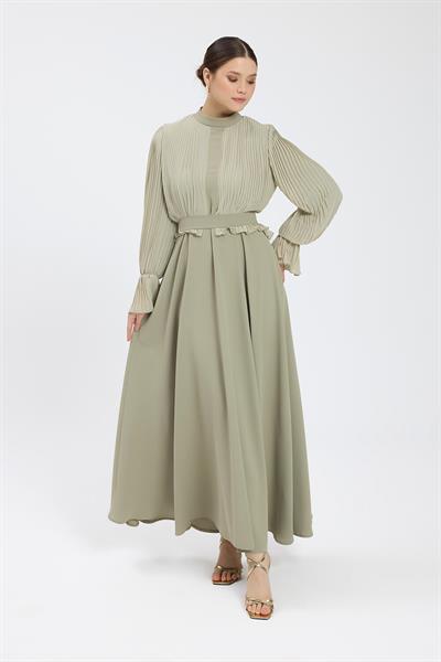 Haki Bedeni Piliseli Krep Şifon Elbise