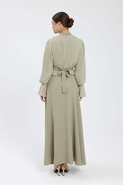 Haki Bedeni Piliseli Krep Şifon Elbise