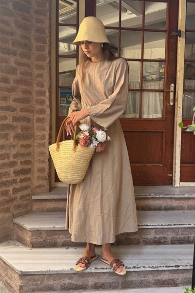 Haki Dikiş Detaylı Keten Elbise