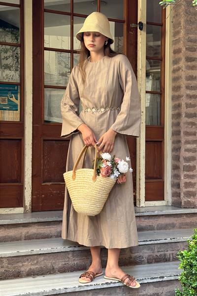 Haki Dikiş Detaylı Keten Elbise