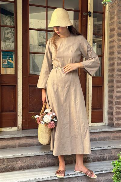 Haki Dikiş Detaylı Keten Elbise