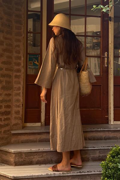 Haki Dikiş Detaylı Keten Elbise