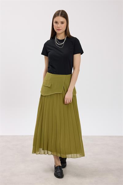 Haki Piliseli Korsajlı Etek