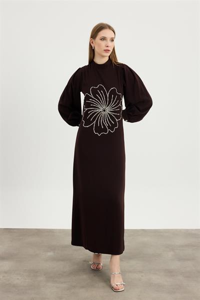 Kahverengi Flora Elbise