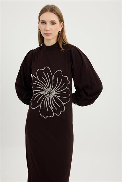 Kahverengi Flora Elbise