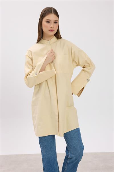 Krem Hakim Yaka Detaylı Cepli Tunik