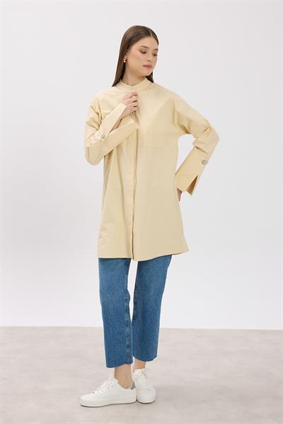 Krem Hakim Yaka Detaylı Cepli Tunik