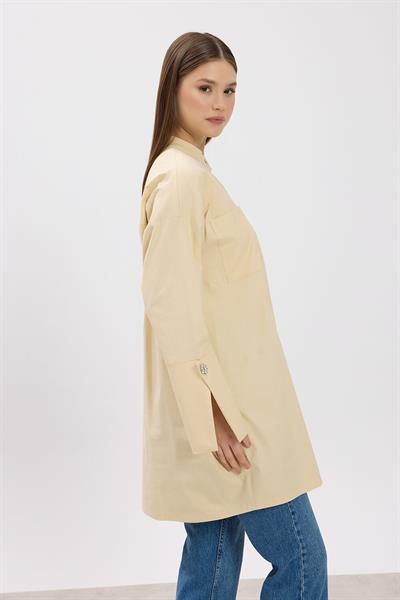 Krem Hakim Yaka Detaylı Cepli Tunik