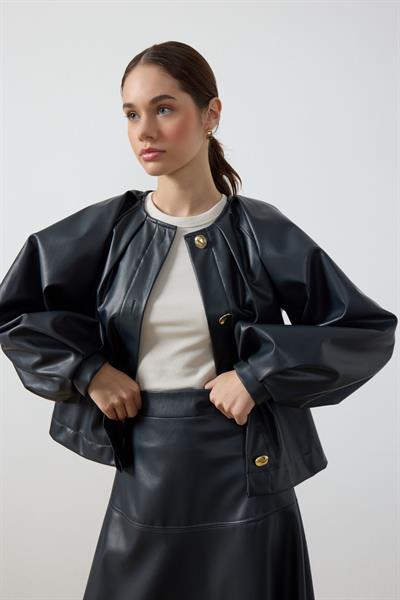 Lacivert Balon Kol Deri Ceket