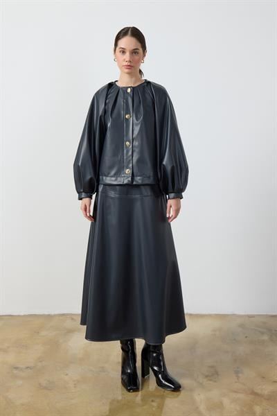 Lacivert Balon Kol Deri Ceket