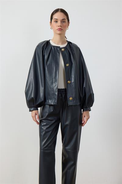 Lacivert Balon Kol Deri Ceket