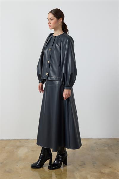 Lacivert Balon Kol Deri Ceket