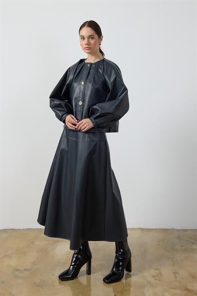 Lacivert Balon Kol Deri Ceket