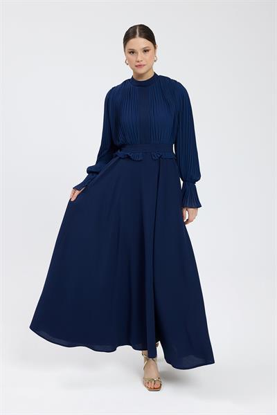 Lacivert Bedeni Piliseli Krep Şifon Elbise