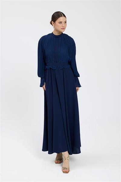 Lacivert Bedeni Piliseli Krep Şifon Elbise