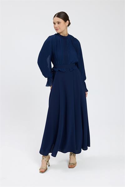 Lacivert Bedeni Piliseli Krep Şifon Elbise
