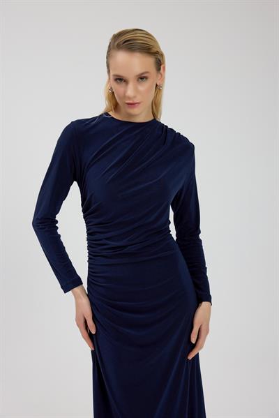 Lacivert Büzgü Detaylı Elbise
