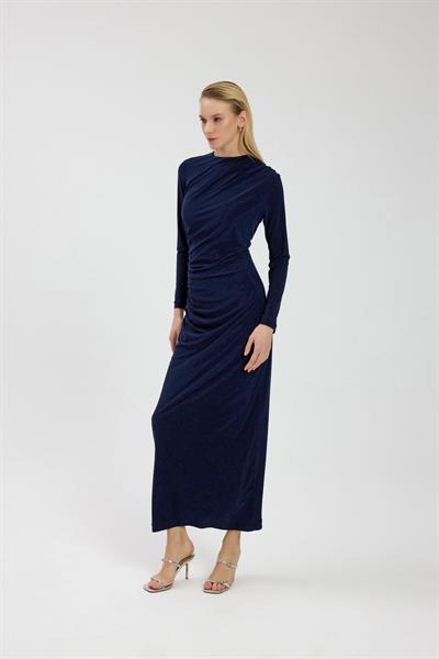 Lacivert Büzgü Detaylı Elbise