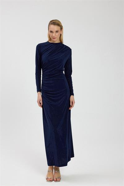 Lacivert Büzgü Detaylı Elbise