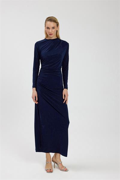Lacivert Büzgü Detaylı Elbise