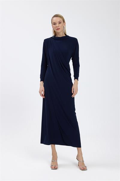 Lacivert Drape Detaylı Elbise
