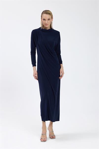 Lacivert Drape Detaylı Elbise