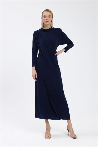 Lacivert Drape Detaylı Elbise