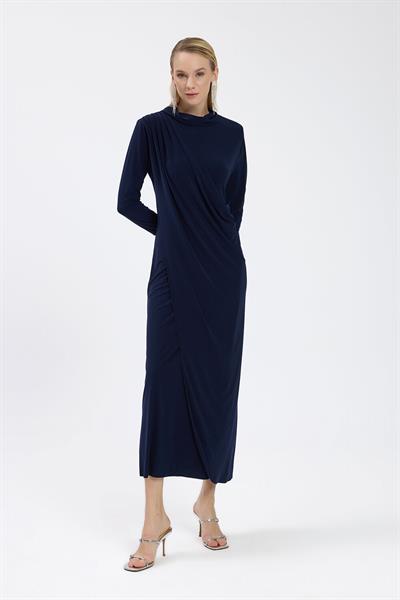 Lacivert Drape Detaylı Elbise
