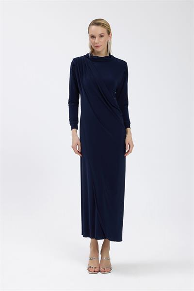 Lacivert Drape Detaylı Elbise