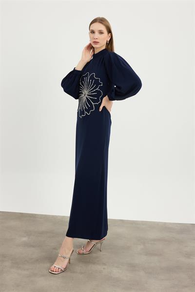 Lacivert Flora Elbise