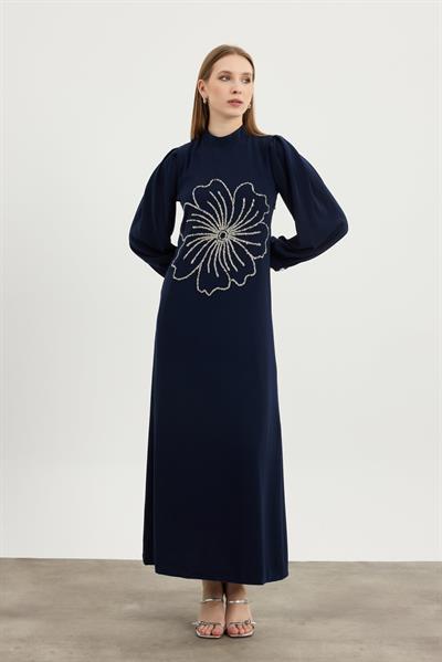 Lacivert Flora Elbise