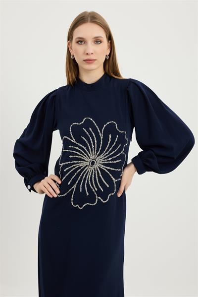 Lacivert Flora Elbise