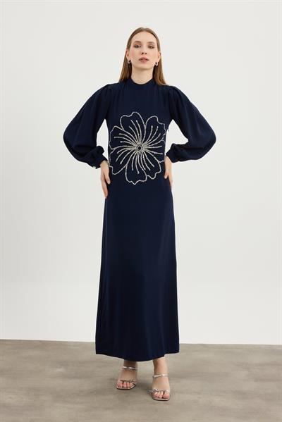 Lacivert Flora Elbise