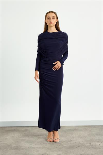 Lacivert Omuz Detaylı Drape Elbise