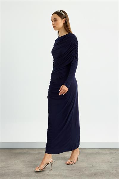 Lacivert Omuz Detaylı Drape Elbise