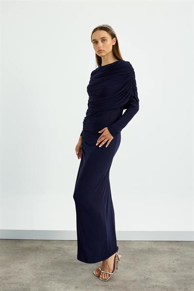 Lacivert Omuz Detaylı Drape Elbise