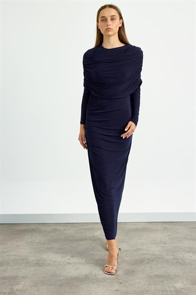 Lacivert Omuz Detaylı Drape Elbise