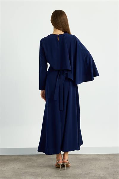 Lacivert Pelerin Detaylı Elbise