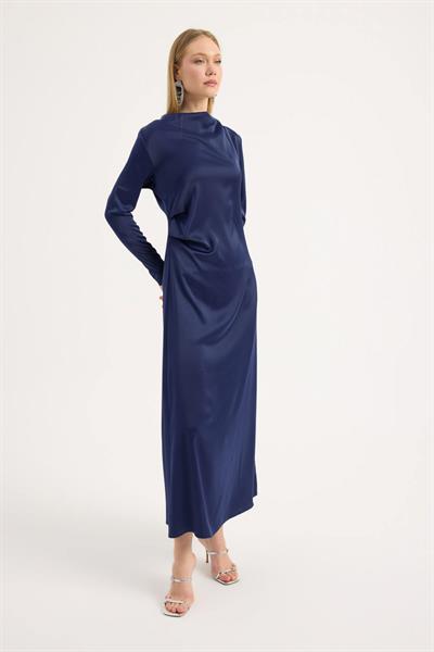 Lacivert Saten Drape Elbise