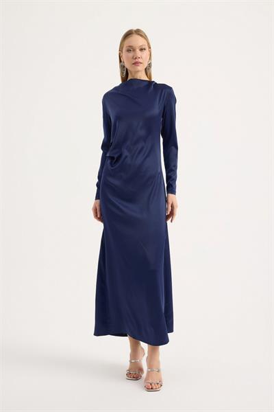 Lacivert Saten Drape Elbise