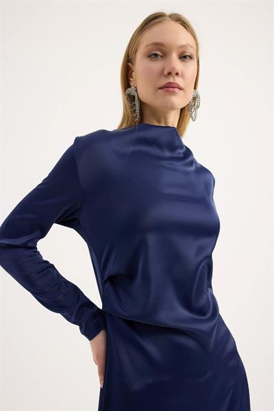 Lacivert Saten Drape Elbise
